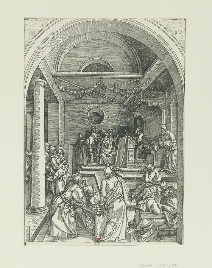 La Vie de la Vierge. 15 (Jésus parmi les docteurs) - estampe - AD (Albrecht Dürer) (monogr.) - btv1b10461559z — Dürer, Albrecht (1471-1528). Graveur | Poster 18x24